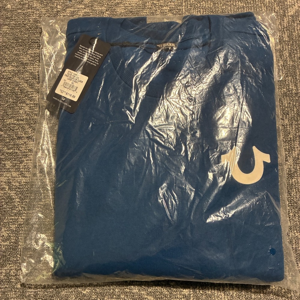 True Religion Men's XL Flock Logo Crewneck Sweatshirt Poseidon NWT